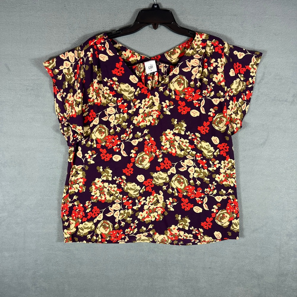 Cabi Womens Blouse M Purple Floral Relaxed Short Cap Sleeve V-Neck 4169
